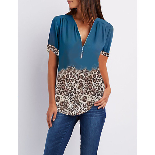

Women's Daily Casual Blouse - Leopard V Neck Blue / Summer