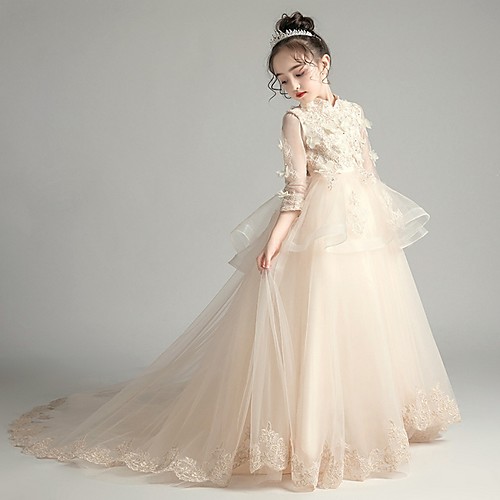 

A-Line Chapel Train Party / Pageant Flower Girl Dresses - Polyester / Tulle 3/4 Length Sleeve High Neck with Tier / Appliques