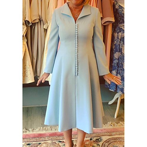 

A-Line Queen Anne Ankle Length Satin Long Sleeve Sweet Mother of the Bride Dress with Buttons Mother's Day 2020