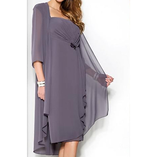 

Sheath / Column Square Neck Knee Length Chiffon 3/4 Length Sleeve Elegant / Sexy Mother of the Bride Dress with Ruffles Mother's Day 2020