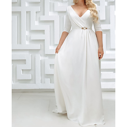 

A-Line V Neck Sweep / Brush Train Stretch Satin Half Sleeve Country Plus Size Wedding Dresses with Sashes / Ribbons / Side-Draped 2020
