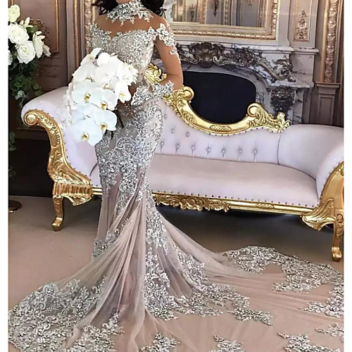 

Mermaid / Trumpet High Neck Court Train Polyester Long Sleeve Formal Plus Size Wedding Dresses with Lace Insert / Appliques 2020