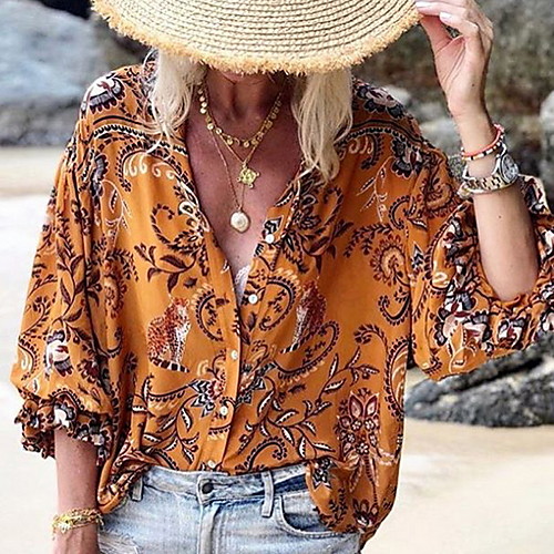 

Women's Daily Blouse - Geometric Print V Neck Orange