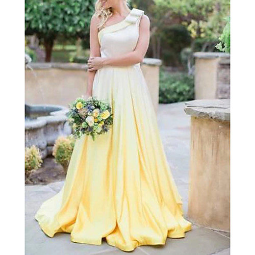 

A-Line Minimalist Yellow Engagement Formal Evening Dress One Shoulder Sleeveless Court Train Satin with Pleats 2020