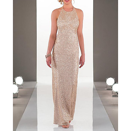 

Sheath / Column Halter Neck Floor Length Stretch Satin / Sequined Bridesmaid Dress with Sequin / Sparkle & Shine