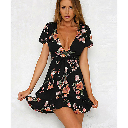 

Women's Mini Black Dress A Line Floral Deep V S M