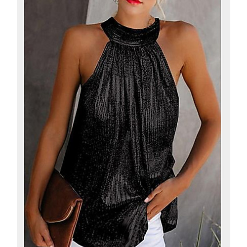 

Women's Daily Plus Size T-shirt - Solid Colored Sequins / Cut Out / Pleated Halter Neck Yellow