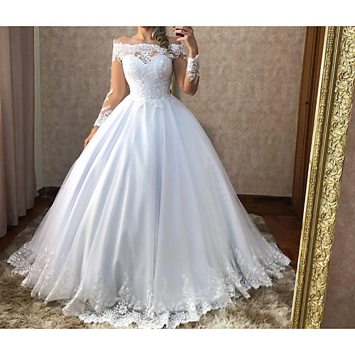 

Ball Gown Off Shoulder Sweep / Brush Train Polyester Long Sleeve Country Plus Size Wedding Dresses with Appliques 2020