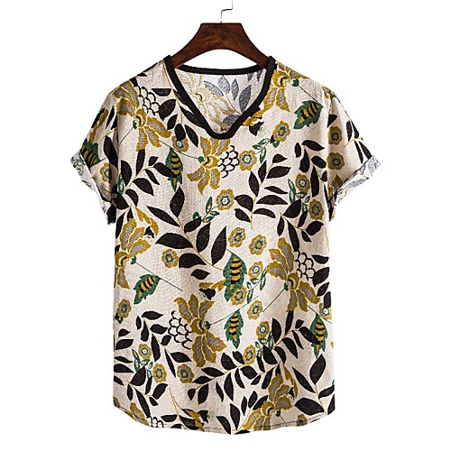 

Men's Floral Plaid Tropical Leaf Print T-shirt - Cotton Boho Tropical Holiday Going out V Neck Wine / White / Blue / Red / Yellow / Fuchsia / Green / Brown / Short Sleeve
