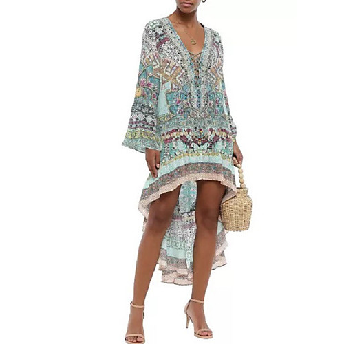 

Women's 2020 Asymmetrical Purple Green Summer Dress Boho Shift Floral Print V Neck Drawstring S M Loose