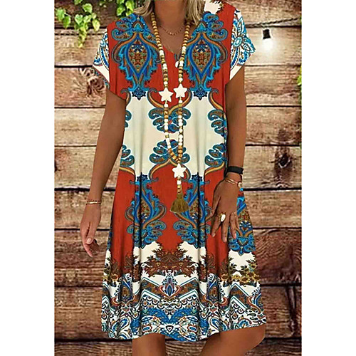 

Women's Shirt Dress - Short Sleeves Print V Neck Red Orange Green S M L XL XXL XXXL XXXXL XXXXXL