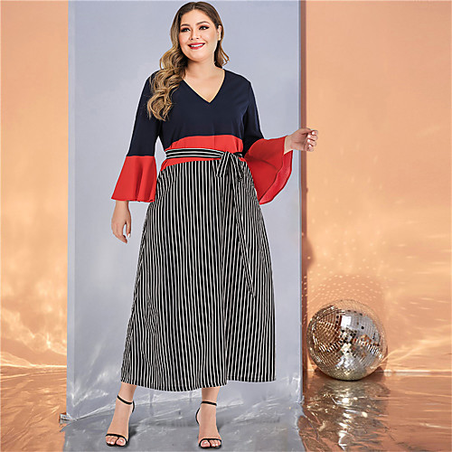 

Women's Black Dress Casual Street chic Spring & Summer Daily Going out A Line Sheath Chiffon Striped Color Block Solid Color Flare Cuff Sleeve Patchwork L XL