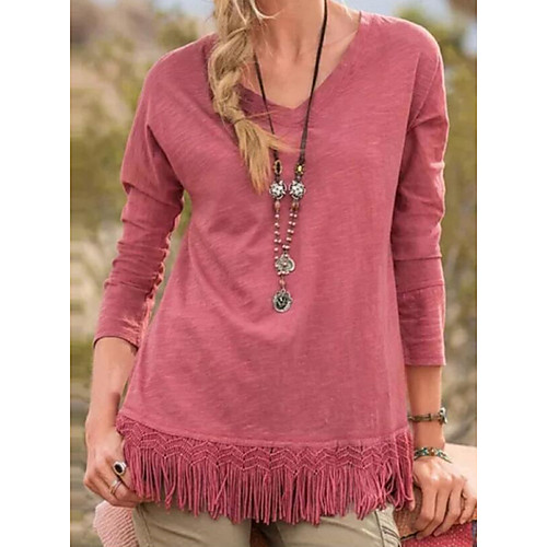 

Women's Solid Colored Tassel Fringe Patchwork T-shirt Daily V Neck Red