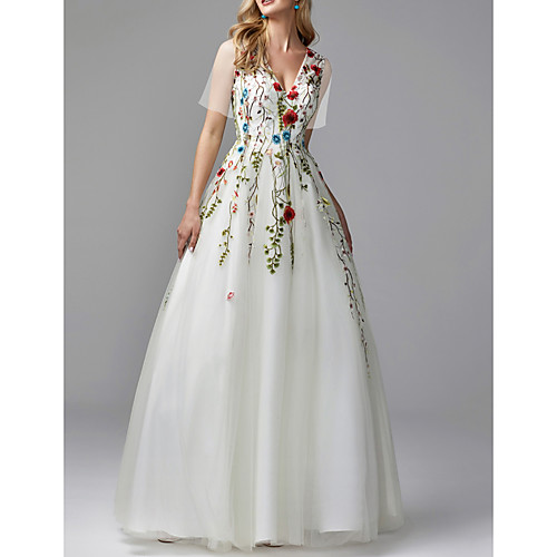 

A-Line Floral White Engagement Prom Dress V Neck Short Sleeve Floor Length Lace Tulle with Lace Insert Appliques 2020