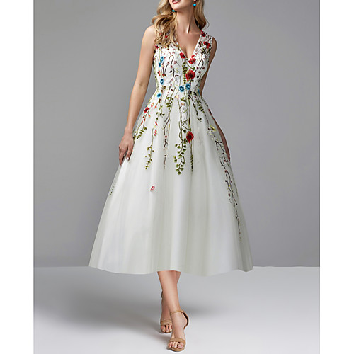 

Embroidery Appliques A-Line Floral Sleeveless V Neck Tea Length Lace Tulle Party Wear Prom Dress