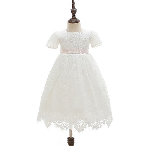 

Ball Gown Floor Length First Communion Christening Gowns - Polyester Short Sleeve Jewel Neck with Lace / Bow(s)