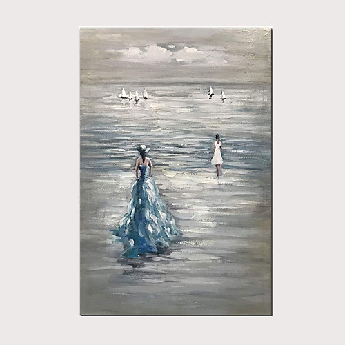 

Hand-Painted Beautiful Travel Girl Modern Oil Painting on Canvas Sea Landscape Wall Art for Home Decoration with Frame Ready to Hang