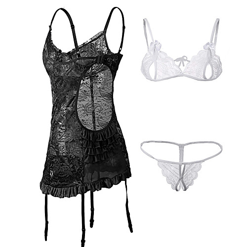 

Women's Lace / Backless / Bow Plus Size Super Sexy Suits Nightwear Solid Colored Purple White Black S M L