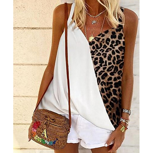 

Women's Daily Tank Top - Leopard Patchwork / Print V Neck Khaki