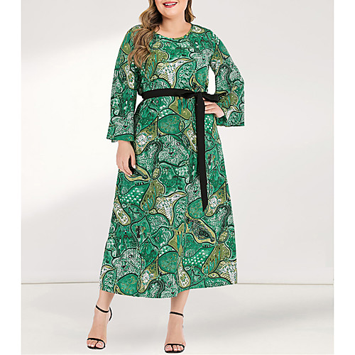 

Women's Plus Size Green Maxi A Line Dress - Long Sleeve Floral Pleated Patchwork Spring & Summer Fall & Winter Casual Boho Daily Going out Flare Cuff Sleeve Green L XL XXL