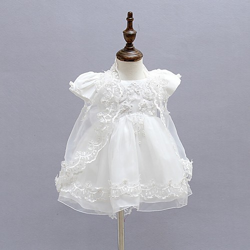 

Ball Gown Ankle Length First Communion Christening Gowns - Polyester Short Sleeve Jewel Neck with Faux Pearl / Lace / Bow(s)
