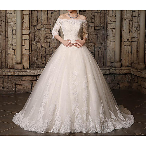 

Ball Gown Off Shoulder Court Train Polyester 3/4 Length Sleeve Country Plus Size Wedding Dresses with Lace Insert / Appliques 2020
