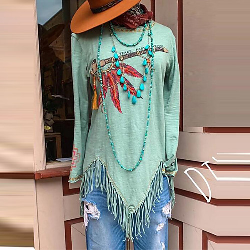 

Women's Daily Weekend Tropical / Street chic T-shirt - Geometric Tassel Fringe / Print Green