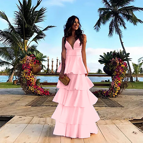 

Tier A-Line Beautiful Back Maxi Sleeveless V Neck Floor Length Satin Prom Dress