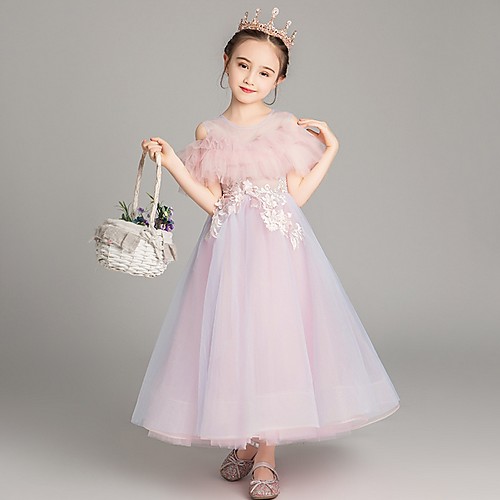 

Ball Gown Ankle Length Party / Pageant Flower Girl Dresses - Polyester Short Sleeve Jewel Neck with Appliques
