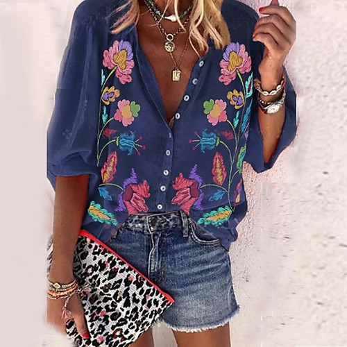 

Women's Daily Boho / Vintage Shirt - Floral Vintage Style Shirt Collar Blue