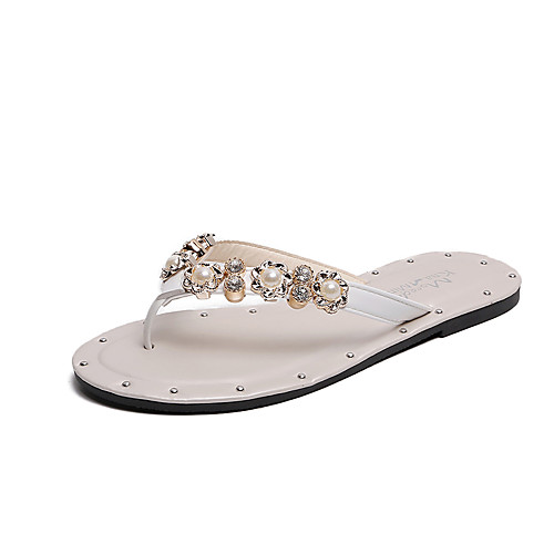 

Women's Sandals 2020 Flat Heel Open Toe Rhinestone Faux Leather Casual / Preppy Walking Shoes Spring & Summer White / Black