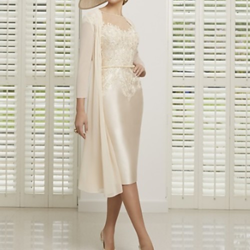 

Sheath / Column Illusion Neck Tea Length Lace / Satin Short Sleeve Elegant Mother of the Bride Dress with Appliques Mother's Day 2020