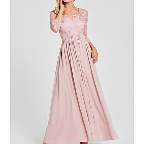 

A-Line Jewel Neck Floor Length Chiffon / Lace 3/4 Length Sleeve Elegant Mother of the Bride Dress with Pleats / Appliques Mother's Day 2020