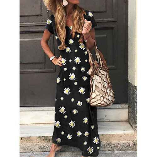 

Women's Linen Black Gray Dress Elegant Summer Shift Floral S M