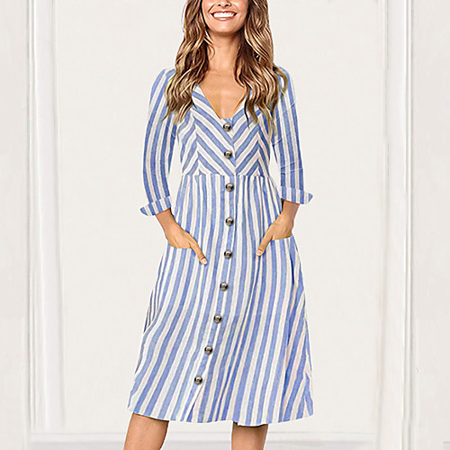 

Women's Yellow Red Dress Basic Spring & Summer Party Weekend Sheath Striped Lantern Sleeve Patchwork Print S M