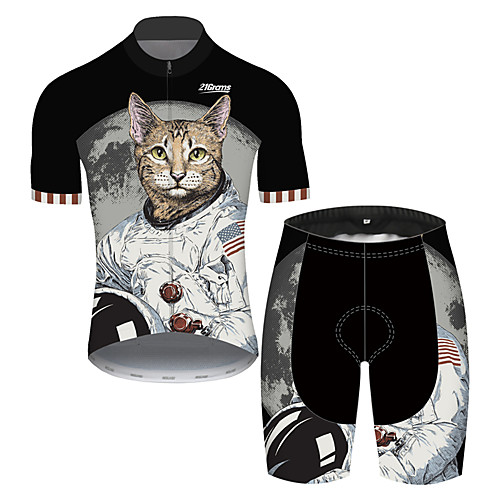 

21Grams Men's Short Sleeve Cycling Jersey with Shorts Black / White Cat Animal American / USA Bike Clothing Suit UV Resistant Breathable Quick Dry Sweat-wicking Sports Cat Mountain Bike MTB Road Bike