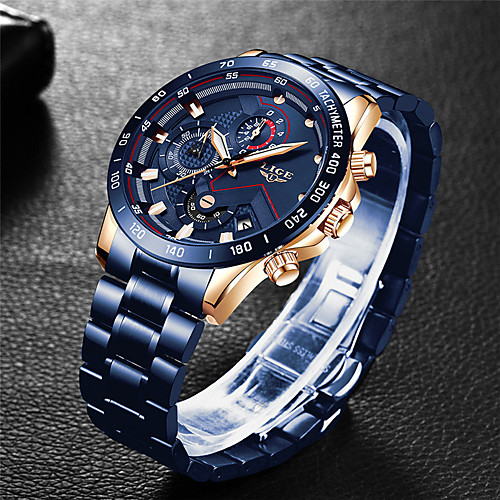 

Men's Steel Band Watches Quartz Stainless Steel 30 m Water Resistant / Waterproof Day Date Analog - Digital Fashion Cool - BlackGloden Blue Black One Year Battery Life