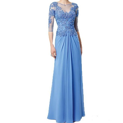 

A-Line Illusion Neck Floor Length Chiffon / Stretch Satin 3/4 Length Sleeve Elegant Mother of the Bride Dress with Lace / Appliques / Ruching Mother's Day 2020