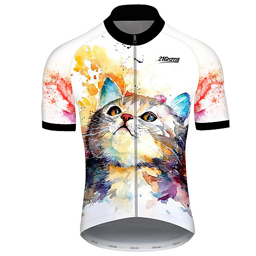 

21Grams Men's Short Sleeve Cycling Jersey 100% Polyester White Cat Tie Dye Animal Bike Jersey Top Mountain Bike MTB Breathable Quick Dry Ultraviolet Resistant Sports Clothing Apparel / Micro-elastic