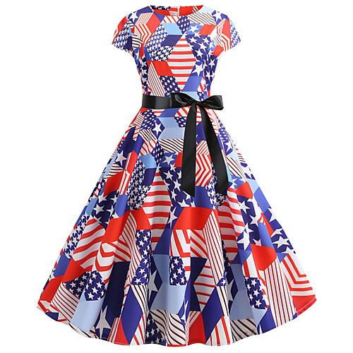 

Women's Blue Dress Basic Street chic Spring & Summer Party Daily A Line Print Patchwork Print S M