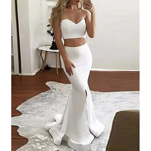 

Two Piece Sexy White Party Wear Prom Dress Strapless Sleeveless Sweep / Brush Train Satin with Sleek Split 2020