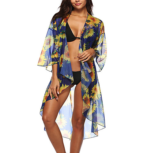 

Women's Basic Blue Cover-Up Swimwear Swimsuit - Floral Geometric Print One-Size Blue