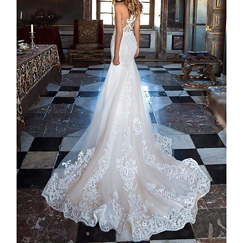 

Mermaid / Trumpet Jewel Neck Court Train / Sweep / Brush Train Lace / Tulle Sleeveless Country Plus Size Wedding Dresses with Lace / Embroidery 2020