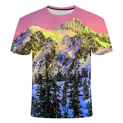 

Men's Daily Going out Basic T-shirt - 3D / Graphic / Scenery Print Fuchsia