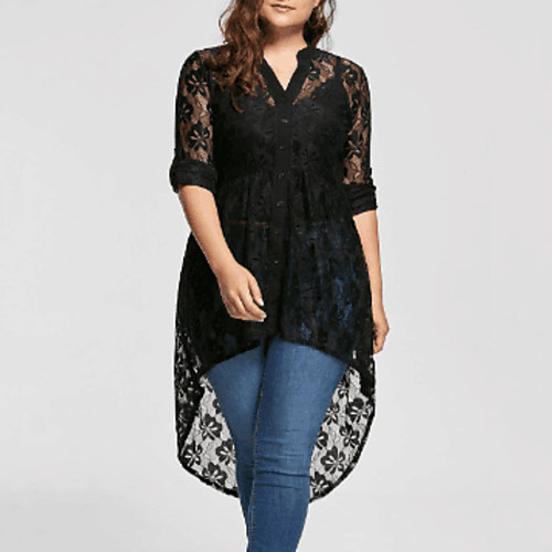 

Women's Black Dress A Line Solid Colored V Neck Lace XL XXL Slim