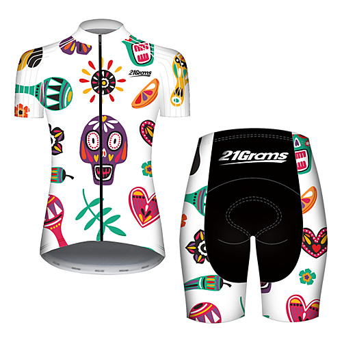 

21Grams Women's Short Sleeve Cycling Jersey with Shorts Red / White Skull Floral Botanical Bike Breathable Quick Dry Sports Skull Mountain Bike MTB Road Bike Cycling Clothing Apparel / Micro-elastic