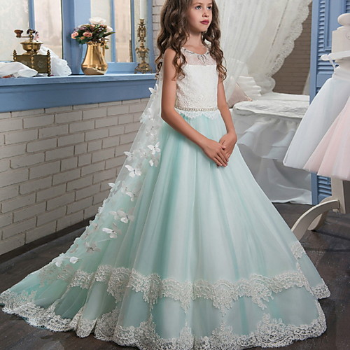 

Ball Gown Floor Length Wedding / Event / Party Flower Girl Dresses - Polyester Sleeveless Jewel Neck with Appliques / Color Block