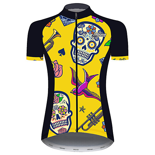 

21Grams Women's Short Sleeve Cycling Jersey 100% Polyester Black / Yellow Novelty Skull Floral Botanical Bike Jersey Top Mountain Bike MTB Road Bike Cycling UV Resistant Breathable Quick Dry Sports