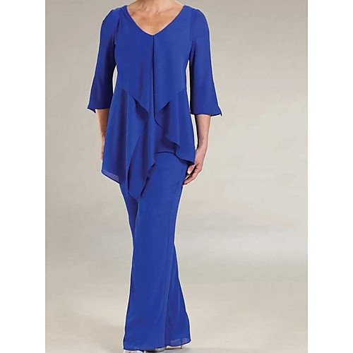 

Pantsuit / Jumpsuit V Neck Floor Length Chiffon 3/4 Length Sleeve Elegant Mother of the Bride Dress with Ruffles Mother's Day 2020