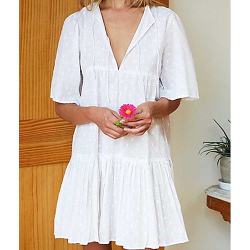 

Women's Plus Size Shirt Dress - Short Sleeves Solid Color Pleated Spring & Summer V Neck Basic Going out White Black Blushing Pink S M XL XXL XXXL XXXXL